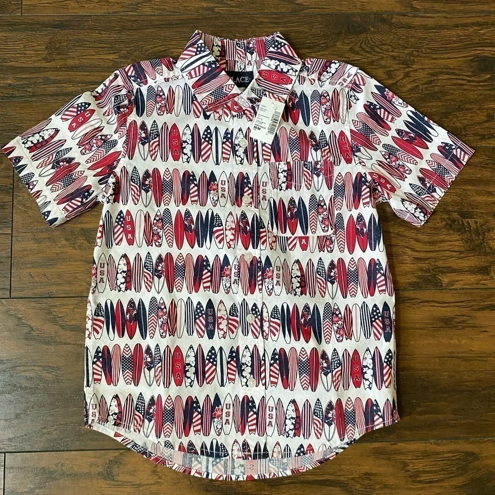 The Children’s Place, Boys, Button Down, Red/White/Blue, USA, Size 7/8, M, NWT